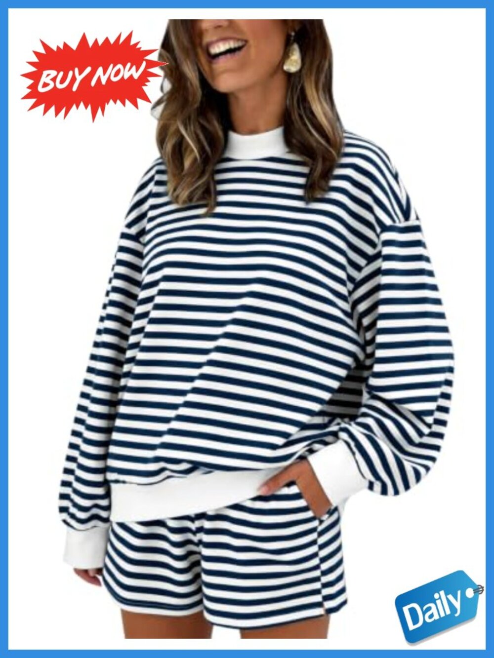 Cotton striped mock neck sweatshirt and shorts lounge set